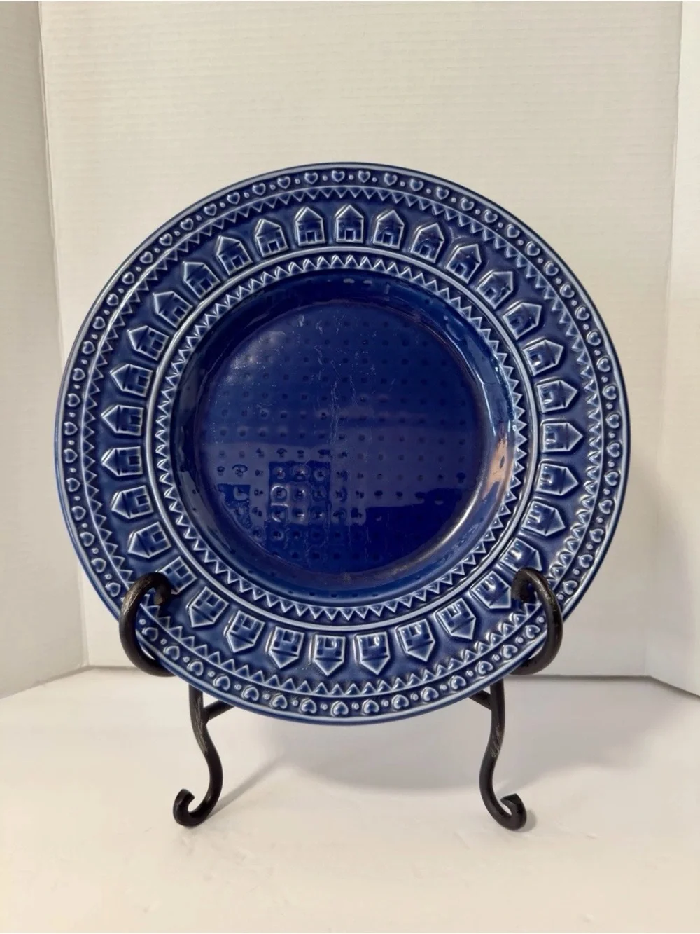 Deep Blue Embossed Ceramic Serving Platter- Textured Geometric Pattern